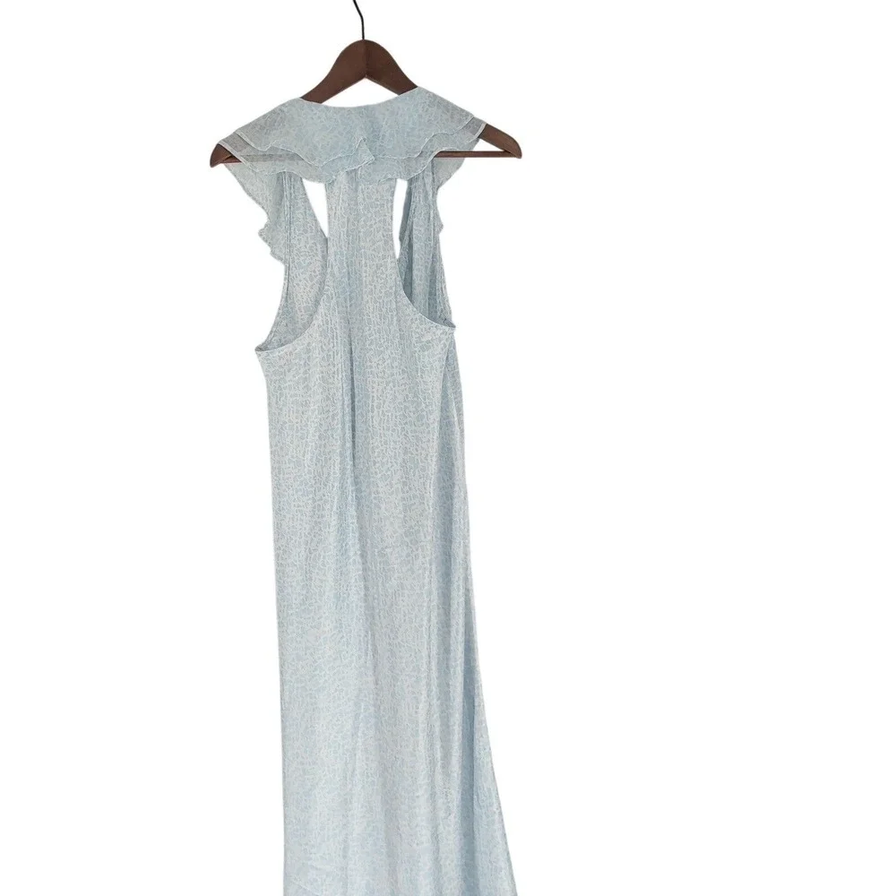 Oscar de la Renta Pink Label Blue Ruffle Racerback Nightgown L Sleepwear Satin